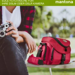 Mantona Premium Fototasche rot/schwarz, mit viel Stauraum, gepolstert mit Zusatzfächern, Umhängetasche für DSLM & DSLR Kameras, Aufbewahrungstasche für Kamera-Equipment
