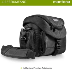 Mantona Premium Fototasche schwarz, wasserabweisend mit Staubschutz, Kamera Umhängetasche mit viel Stauraum, Fotoapparat Tasche mit Tragegurt und Zubehörfach