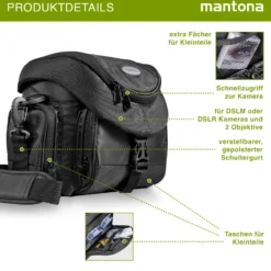 Mantona Premium Fototasche schwarz, wasserabweisend mit Staubschutz, Kamera Umhängetasche mit viel Stauraum, Fotoapparat Tasche mit Tragegurt und Zubehörfach