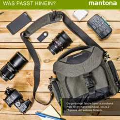 Mantona Premium Kameratasche - Passend für DSLR & DSLM Kameras mit Objektiv (inkl. Staubschutz, gepolstertem Schultergurt, Clipverschluss, anpassbarer Inneneinteilung) taupe