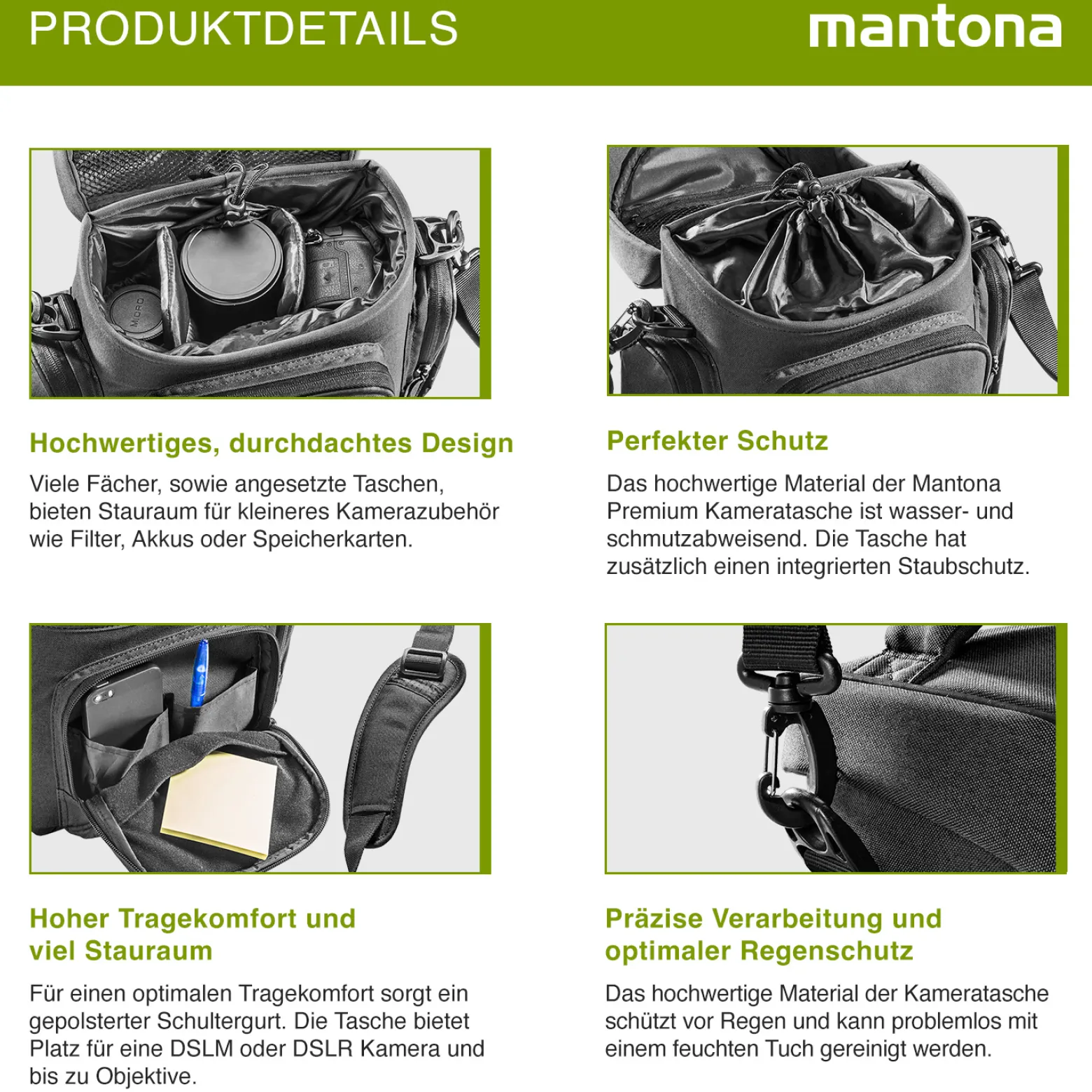 Mantona Premium Kameratasche, hochwertige Fototasche für DSLR & DSLM Kamera mit Objektiv, Umhängetasche mit Staubschutz & Schultergurt, Tragetasche mit variabler Inneneinteilung