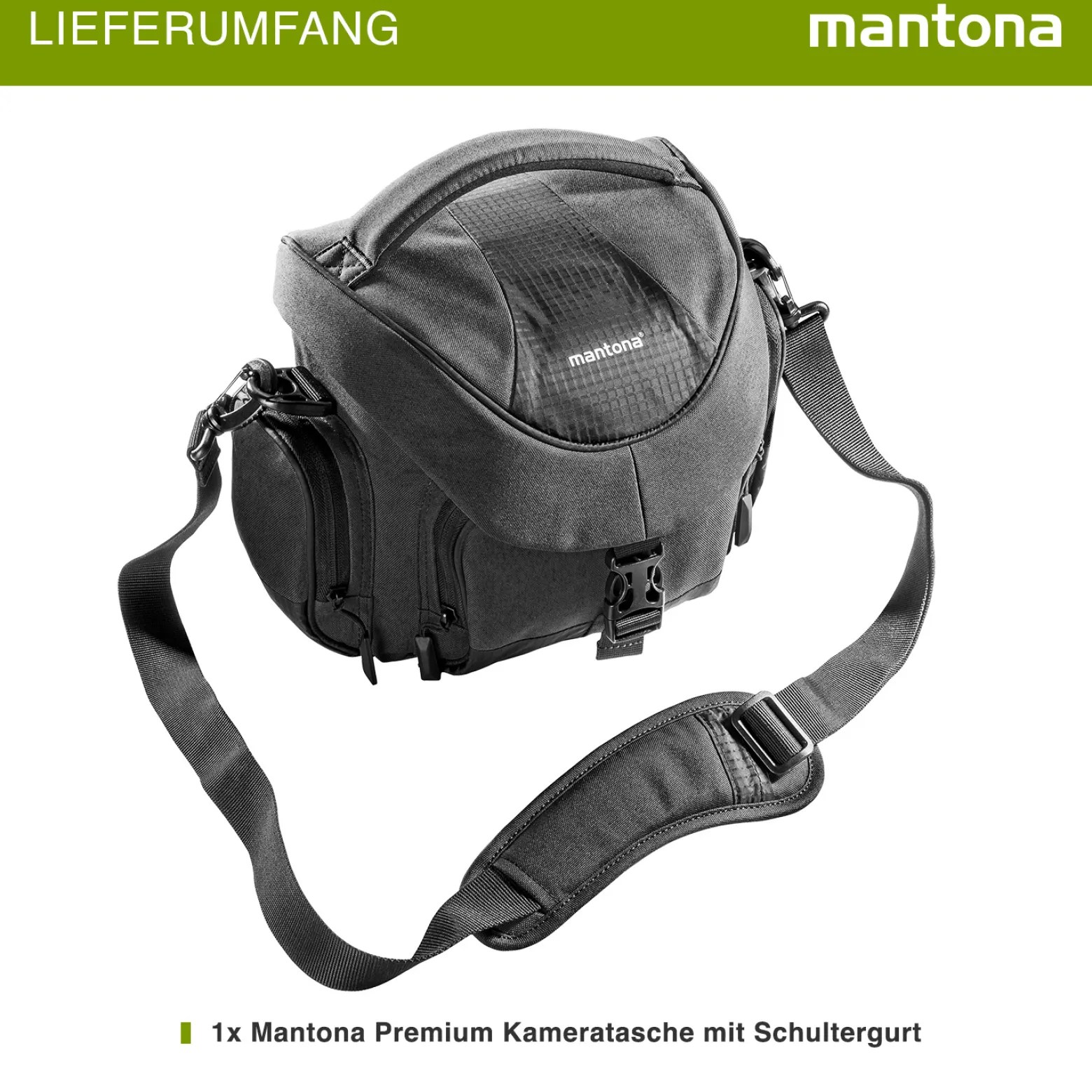 Mantona Premium Kameratasche, hochwertige Fototasche für DSLR & DSLM Kamera mit Objektiv, Umhängetasche mit Staubschutz & Schultergurt, Tragetasche mit variabler Inneneinteilung