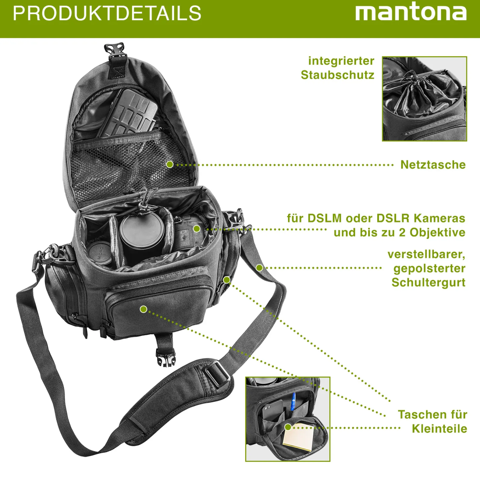 Mantona Premium Kameratasche, hochwertige Fototasche für DSLR & DSLM Kamera mit Objektiv, Umhängetasche mit Staubschutz & Schultergurt, Tragetasche mit variabler Inneneinteilung