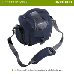 Mantona Premium Kameratasche - Passend für DSLR & DSLM Kameras mit Objektiv (inkl. Staubschutz, gepolstertem Schultergurt, Clipverschluss, anpassbarer Inneneinteilung) blau