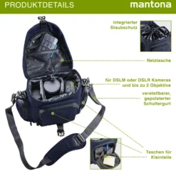 Mantona Premium Kameratasche - Passend für DSLR & DSLM Kameras mit Objektiv (inkl. Staubschutz, gepolstertem Schultergurt, Clipverschluss, anpassbarer Inneneinteilung) blau