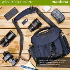 Mantona Premium Kameratasche - Passend für DSLR & DSLM Kameras mit Objektiv (inkl. Staubschutz, gepolstertem Schultergurt, Clipverschluss, anpassbarer Inneneinteilung) blau
