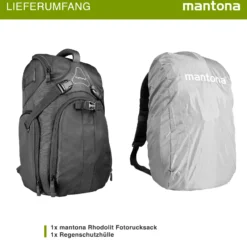 Mantona Rhodolit SLR-Kamerarucksack - Fototasche geeignet für SLR mit angesetztem Objektiv, weitere Objektive, Systemblitz und Zubehör, schwarze Kameratasche inkl. Regenschutz