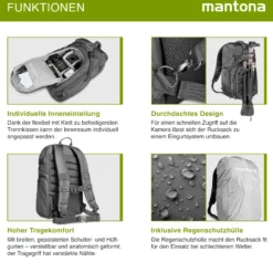 Mantona Rhodolit SLR-Kamerarucksack - Fototasche geeignet für SLR mit angesetztem Objektiv, weitere Objektive, Systemblitz und Zubehör, schwarze Kameratasche inkl. Regenschutz