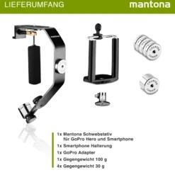 Mantona Schwebestativ - 240 x 160 x 30 mm - kompatibel mit vielen Marken/Modellen - 1/4" Gewinde - für Smartphone, Camcorder, Actioncam, Kamera - mit 5 Gegengewichten Schaumstoffgriff, Dosenlibelle