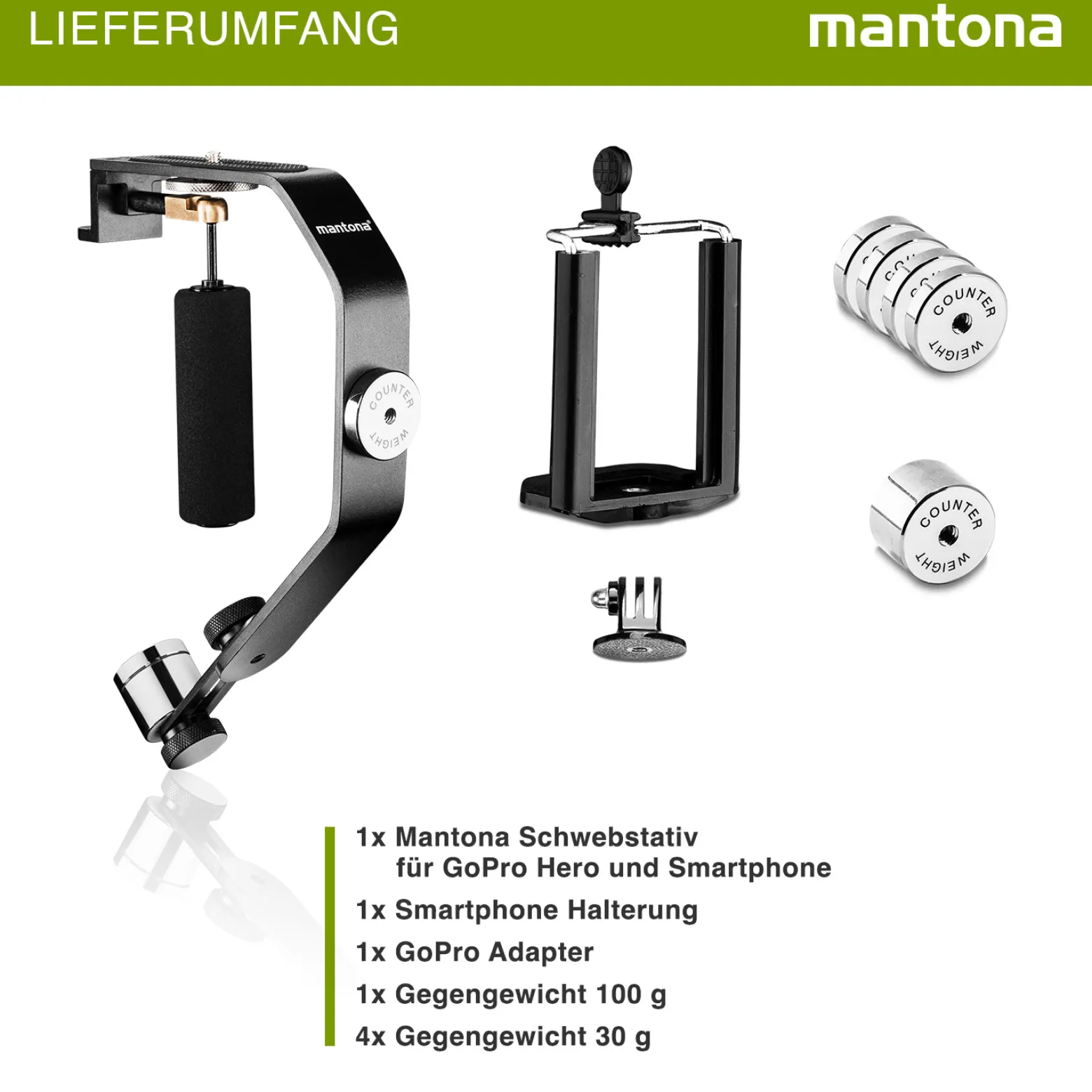 Mantona Schwebestativ - 240 x 160 x 30 mm - kompatibel mit vielen Marken/Modellen - 1/4" Gewinde - für Smartphone, Camcorder, Actioncam, Kamera - mit 5 Gegengewichten Schaumstoffgriff, Dosenlibelle