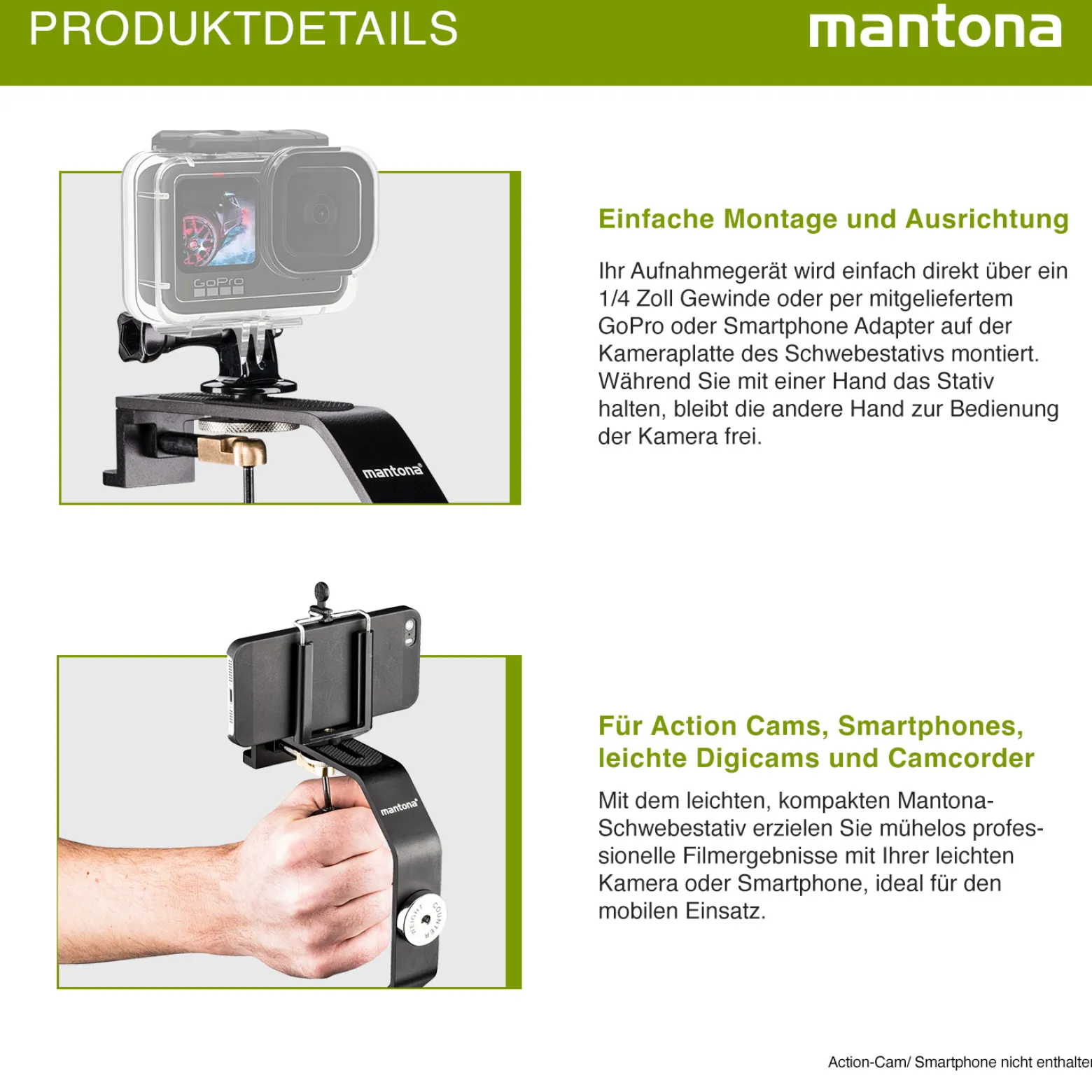Mantona Schwebestativ - 240 x 160 x 30 mm - kompatibel mit vielen Marken/Modellen - 1/4" Gewinde - für Smartphone, Camcorder, Actioncam, Kamera - mit 5 Gegengewichten Schaumstoffgriff, Dosenlibelle
