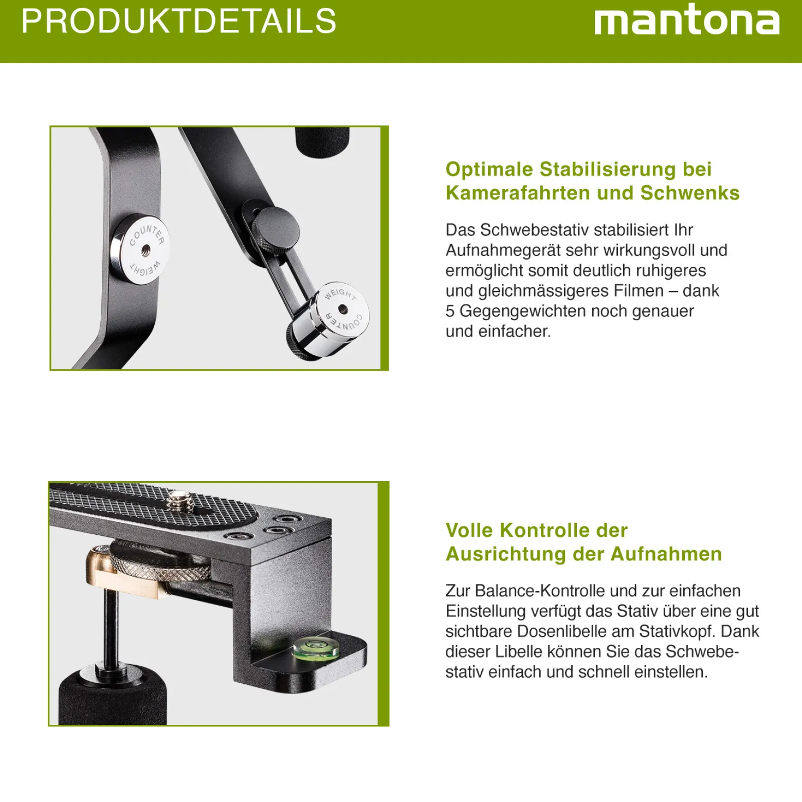 Mantona Schwebestativ - 240 x 160 x 30 mm - kompatibel mit vielen Marken/Modellen - 1/4" Gewinde - für Smartphone, Camcorder, Actioncam, Kamera - mit 5 Gegengewichten Schaumstoffgriff, Dosenlibelle