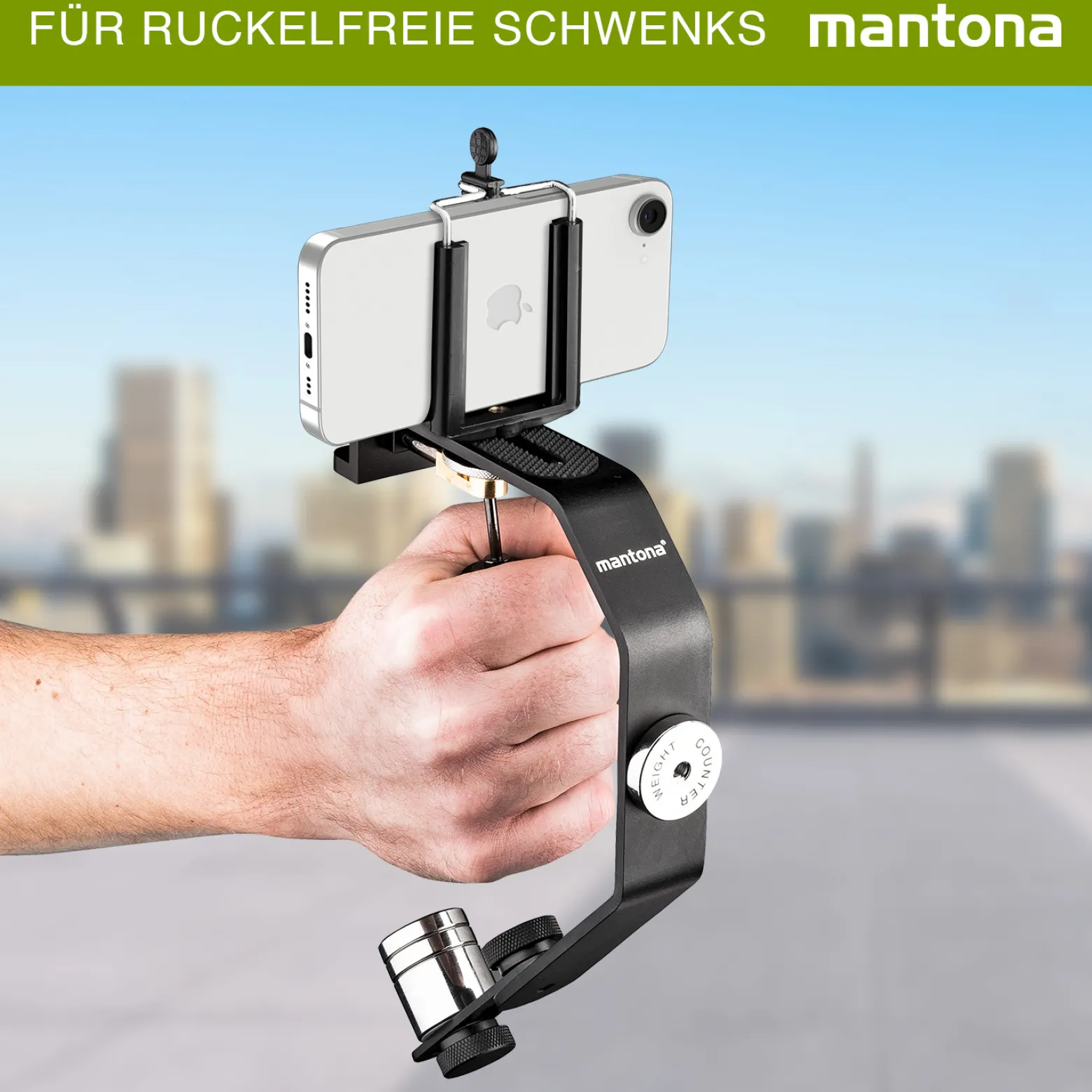 Mantona Schwebestativ - 240 x 160 x 30 mm - kompatibel mit vielen Marken/Modellen - 1/4" Gewinde - für Smartphone, Camcorder, Actioncam, Kamera - mit 5 Gegengewichten Schaumstoffgriff, Dosenlibelle