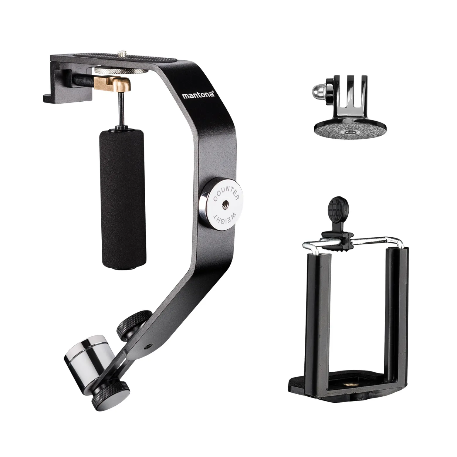 Mantona Schwebestativ - 240 x 160 x 30 mm - kompatibel mit vielen Marken/Modellen - 1/4" Gewinde - für Smartphone, Camcorder, Actioncam, Kamera - mit 5 Gegengewichten Schaumstoffgriff, Dosenlibelle