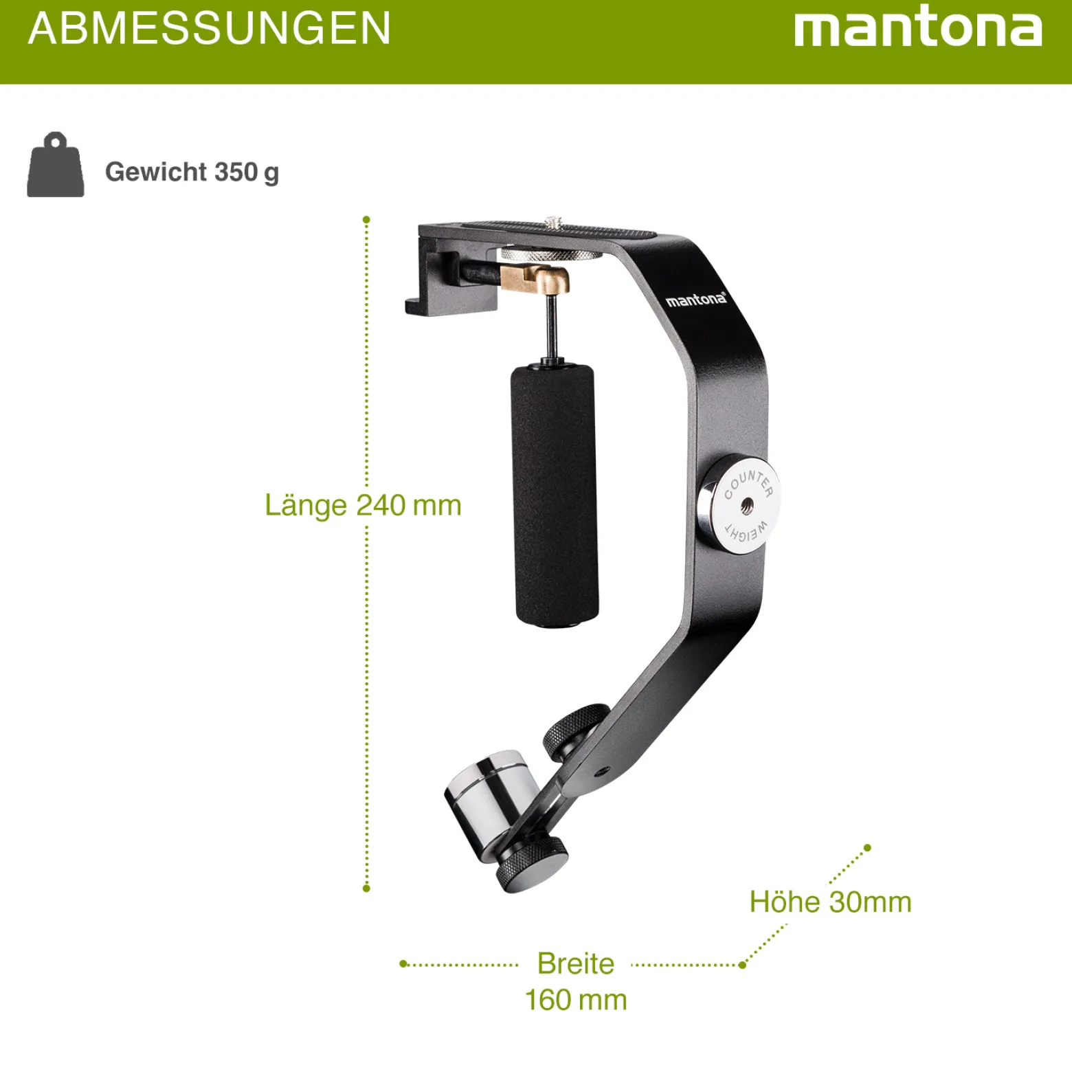 Mantona Schwebestativ - 240 x 160 x 30 mm - kompatibel mit vielen Marken/Modellen - 1/4" Gewinde - für Smartphone, Camcorder, Actioncam, Kamera - mit 5 Gegengewichten Schaumstoffgriff, Dosenlibelle