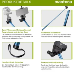 Mantona Selfy Mono-/Handstativ blau kompatibel mit GoPro Hero/Session/Smartphone/Kompaktkamera u. a.
