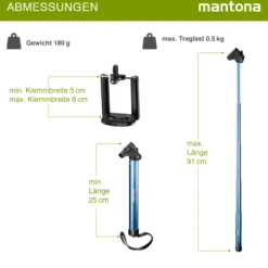 Mantona Selfy Mono-/Handstativ blau kompatibel mit GoPro Hero/Session/Smartphone/Kompaktkamera u. a.