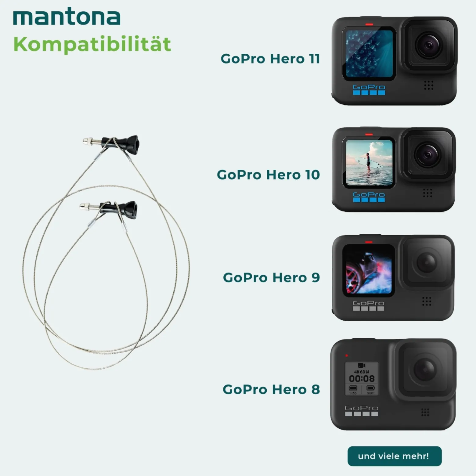 Mantona Sicherungsleinen Set Edelstahl 40-100 cm, für Action Cams kompatibel mit GoPro Hero 11 10 9 8 7 6 5 4 3+ Sicherheitsleine Universal