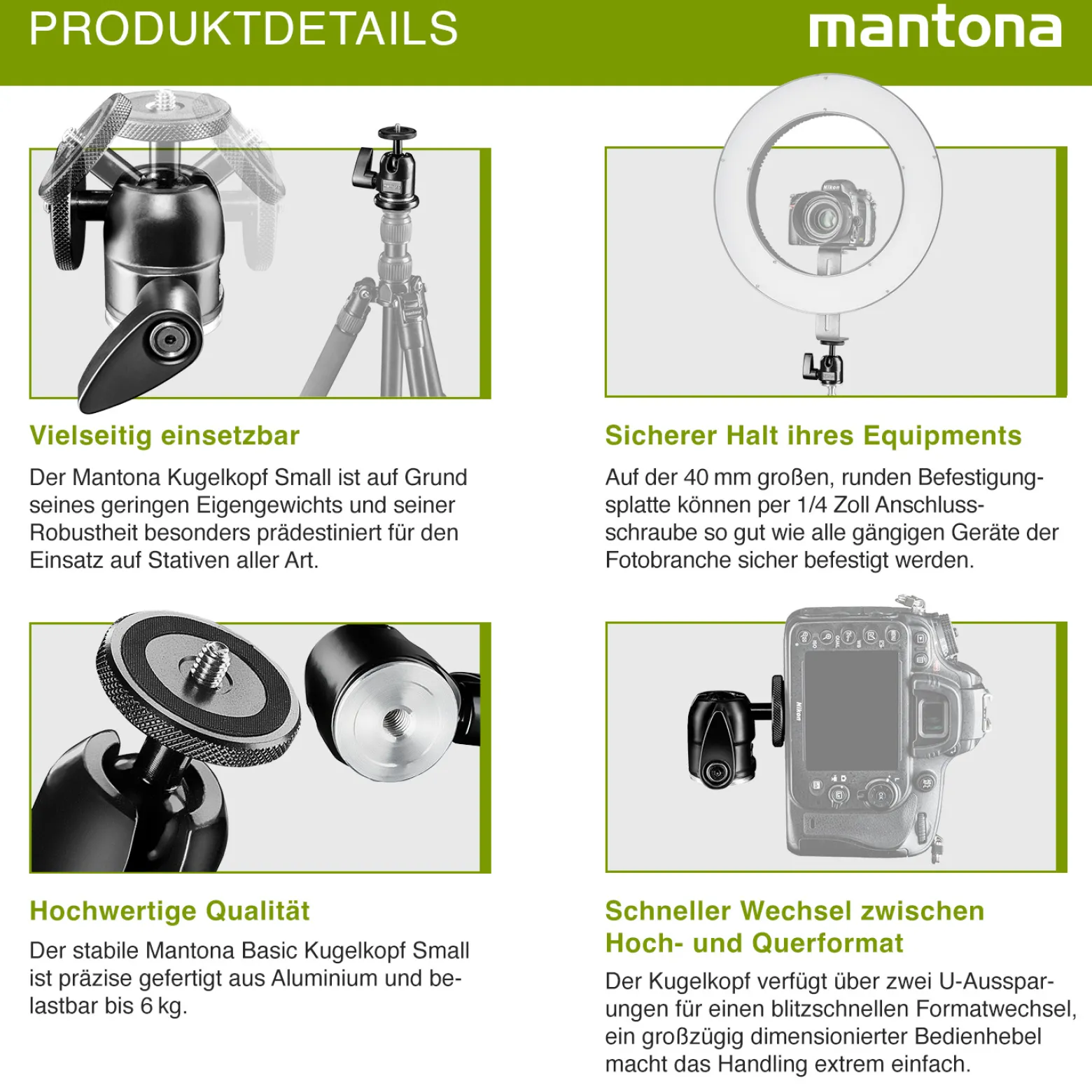Mantona Small Kugelkopf für Stativ 360°, Stativkopf 1/4'' Kameraanschluss und 3/8'' Anschlussgewinde, mit Gewindeadapter für Kameras und Zubehör
