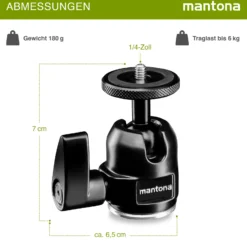 Mantona Small Kugelkopf für Stativ 360°, Stativkopf 1/4'' Kameraanschluss und 3/8'' Anschlussgewinde, mit Gewindeadapter für Kameras und Zubehör