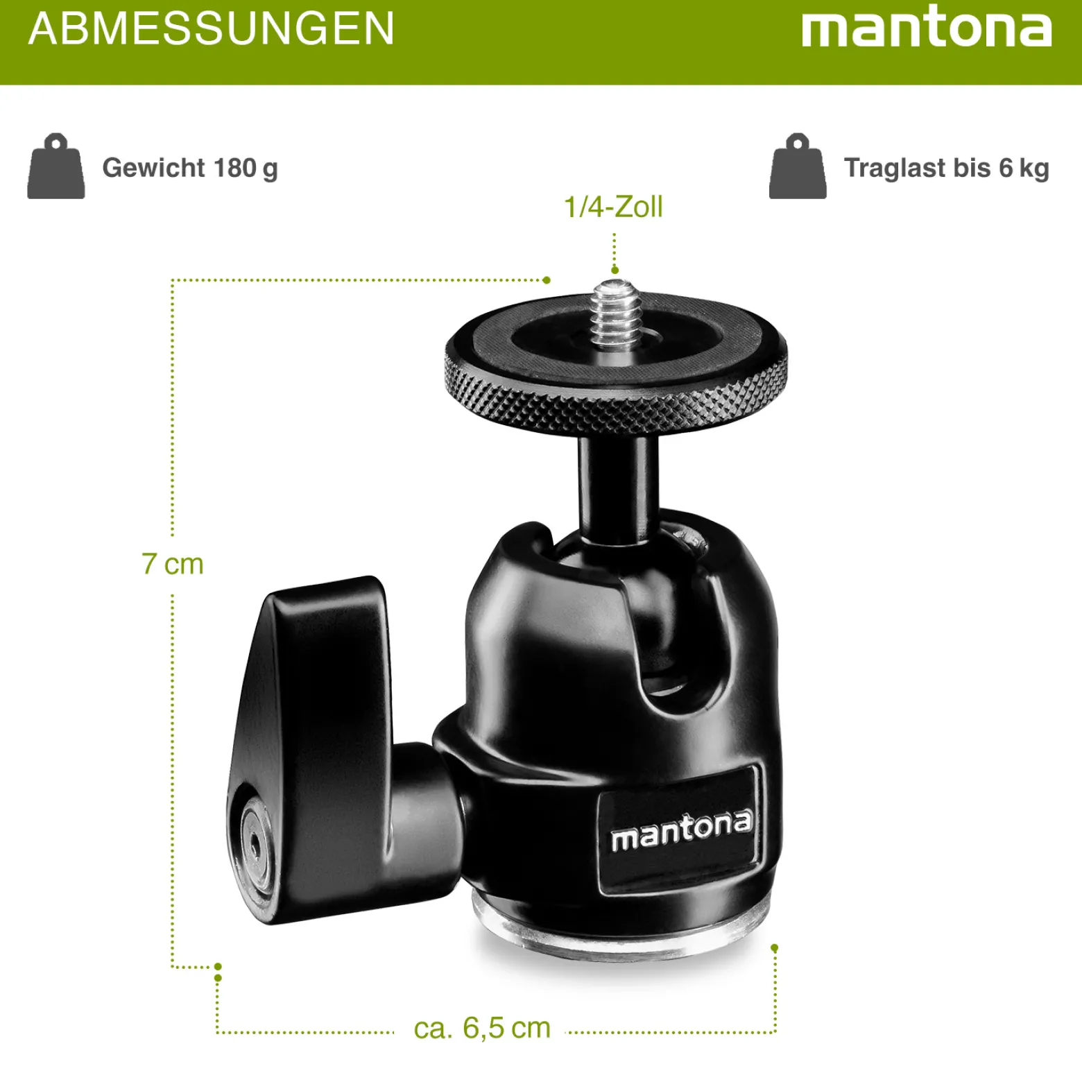 Mantona Small Kugelkopf für Stativ 360°, Stativkopf 1/4'' Kameraanschluss und 3/8'' Anschlussgewinde, mit Gewindeadapter für Kameras und Zubehör