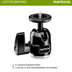 Mantona Small Kugelkopf für Stativ 360°, Stativkopf 1/4'' Kameraanschluss und 3/8'' Anschlussgewinde, mit Gewindeadapter für Kameras und Zubehör