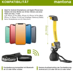 Mantona Smartphone Bottle Selfie Halter Pinguin schwarz/gelb Handstativ Selfie Stick mit Bluetooth Fernbedienung