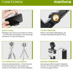 Mantona Smartphone Halter Quick & Easy 85 - 53 x 29 x 80 mm / Klemmbreite 55 bis 85 mm - mit 1x 1/4 Zoll - für Smartphone und kompatibel mit iPhone