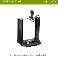 Mantona Smartphone Halter Quick & Easy 85 - 53 x 29 x 80 mm / Klemmbreite 55 bis 85 mm - mit 1x 1/4 Zoll - für Smartphone und kompatibel mit iPhone