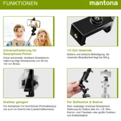 Mantona Smartphone Halterung Rotate Clip 100, drehbarer Universal Handy Halter für iPhones und Smartphones mit 55-85 mm Breite, Stativaufsatz Handy mit 1/4 Zoll Gewinde