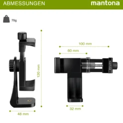 Mantona Smartphone Halterung Rotate Clip 100, drehbarer Universal Handy Halter für iPhones und Smartphones mit 55-85 mm Breite, Stativaufsatz Handy mit 1/4 Zoll Gewinde