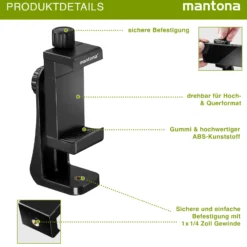 Mantona Smartphone Halterung Rotate Clip 100, drehbarer Universal Handy Halter für iPhones und Smartphones mit 55-85 mm Breite, Stativaufsatz Handy mit 1/4 Zoll Gewinde