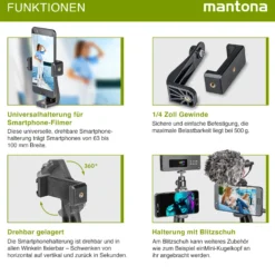 Mantona Smartphone Halter universelle drehbare Halterung für Smartphones (63-100mm) mit Blitzschuh, Handyhalterung mit 2 x 1/4 Zoll Gewinden für Stative