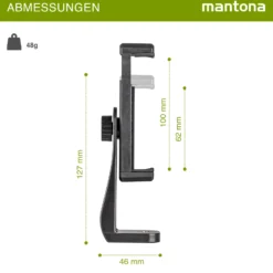 Mantona Smartphone Halter universelle drehbare Halterung für Smartphones (63-100mm) mit Blitzschuh, Handyhalterung mit 2 x 1/4 Zoll Gewinden für Stative