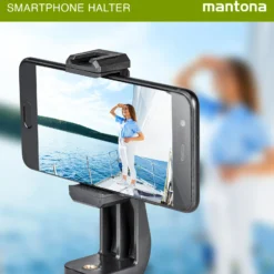 Mantona Smartphone Halter universelle drehbare Halterung für Smartphones (63-100mm) mit Blitzschuh, Handyhalterung mit 2 x 1/4 Zoll Gewinden für Stative