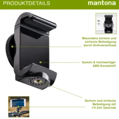 Mantona Smartphone Halterung SM-850 mit Twist Mount - 40 x 50 x 74 mm / Klemmbereich 55-85 mm / Traglast 500 g - mit Befestigung durch Drehverschluss - schwarz