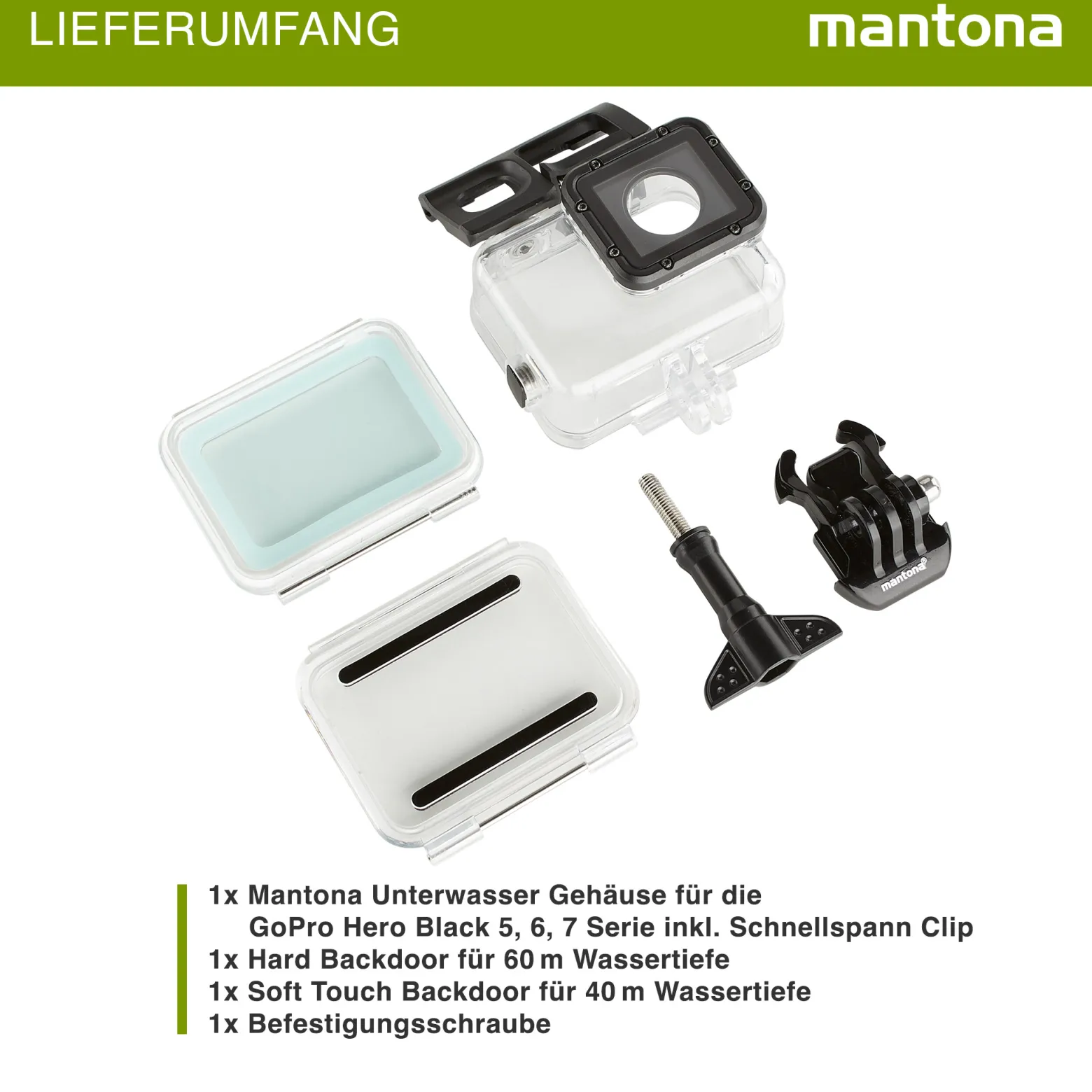 Mantona Soft Touch Magic Unterwassergehäuse kompatibel mit GoPro Hero 7 6 5 Black Action Cam, für Tauchen Schnorcheln und andere Unterwasser Anwendung