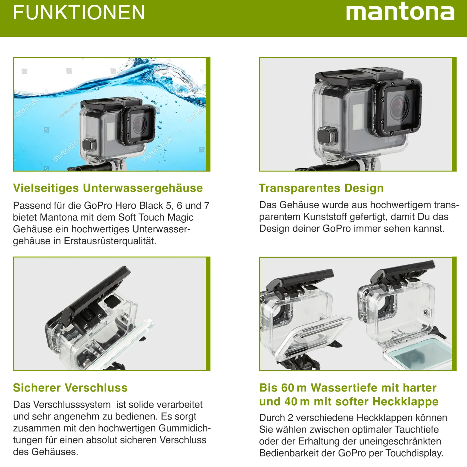 Mantona Soft Touch Magic Unterwassergehäuse kompatibel mit GoPro Hero 7 6 5 Black Action Cam, für Tauchen Schnorcheln und andere Unterwasser Anwendung