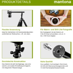 Mantona Stativauslegearm und Mittelsäule - 310 x 50 x 100 mm - 0-90° schwenkbar / stufenlos neigbar -5°-+180° / Traglast 8 kg- mit Wasserwaage, 2x 3/8" Gewinde, 1/4" Schraube - für Foto Atelier