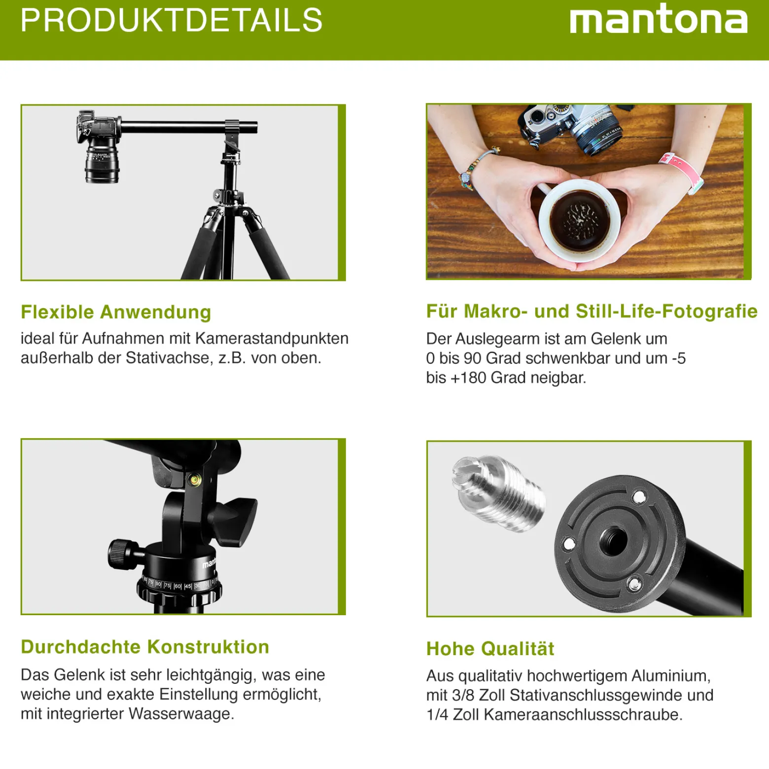 Mantona Stativauslegearm und Mittelsäule - 310 x 50 x 100 mm - 0-90° schwenkbar / stufenlos neigbar -5°-+180° / Traglast 8 kg- mit Wasserwaage, 2x 3/8" Gewinde, 1/4" Schraube - für Foto Atelier
