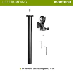 Mantona Stativauslegearm und Mittelsäule - 310 x 50 x 100 mm - 0-90° schwenkbar / stufenlos neigbar -5°-+180° / Traglast 8 kg- mit Wasserwaage, 2x 3/8