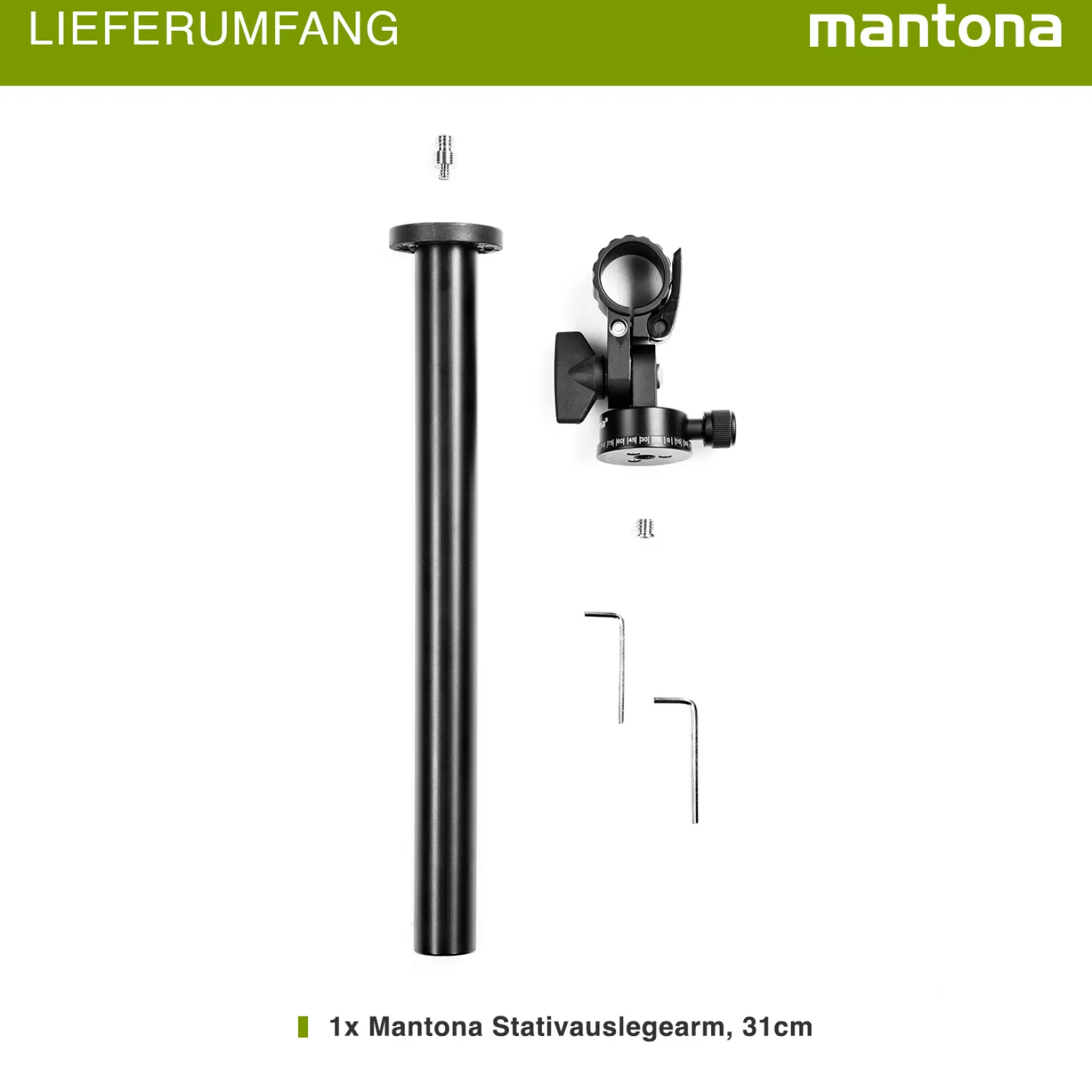 Mantona Stativauslegearm und Mittelsäule - 310 x 50 x 100 mm - 0-90° schwenkbar / stufenlos neigbar -5°-+180° / Traglast 8 kg- mit Wasserwaage, 2x 3/8" Gewinde, 1/4" Schraube - für Foto Atelier
