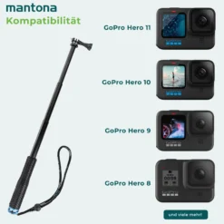 Mantona Teleskop Haltestange Griff - L 50 cm - ausziehbar von 18-50 cm - Adapter kompatibel mit GoPro-Systemen, kompatibel mit Hero 11 10 9 8 7 6 5 4 3+ 3 2 1, Session u. v. m.