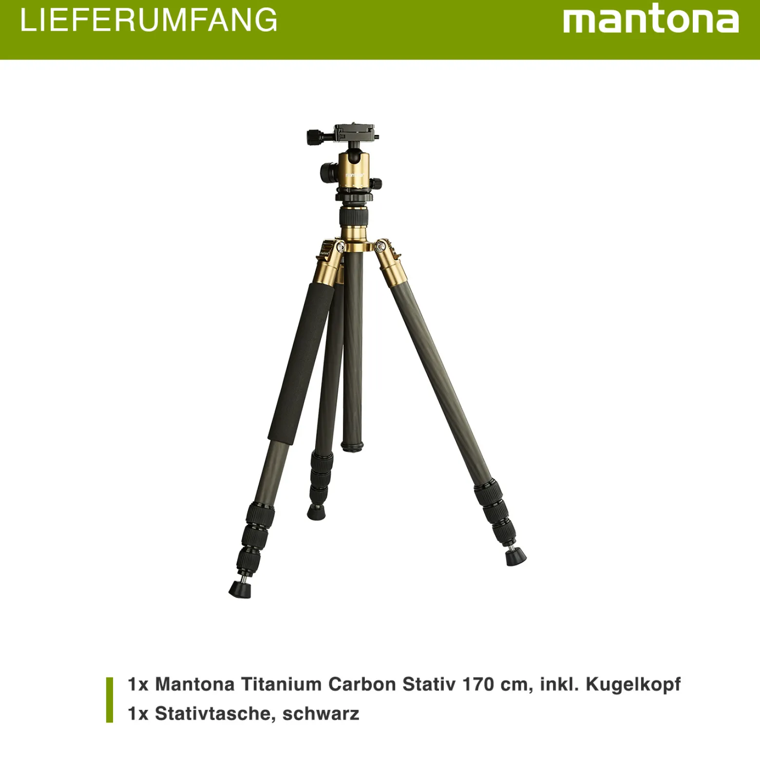 Mantona Titanium Carbon Stativ inkl. Kugelkopf und Stativtasche, Kamerastativ bis 170 cm, Fotostativ 180° Rotation für Makroaufnahmen, Dreibeinstativ mit Arca Swiss kompatiblem Schnellwechselsystem