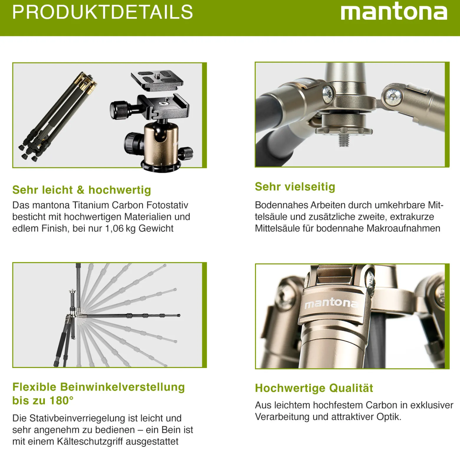 Mantona Titanium Carbon Stativ inkl. Kugelkopf und Stativtasche, Kamerastativ bis 170 cm, Fotostativ 180° Rotation für Makroaufnahmen, Dreibeinstativ mit Arca Swiss kompatiblem Schnellwechselsystem