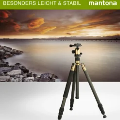 Mantona Titanium Carbon Stativ inkl. Kugelkopf und Stativtasche, Kamerastativ bis 170 cm, Fotostativ 180° Rotation für Makroaufnahmen, Dreibeinstativ mit Arca Swiss kompatiblem Schnellwechselsystem
