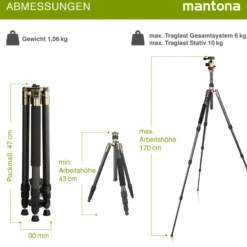 Mantona Titanium Carbon Stativ inkl. Kugelkopf und Stativtasche, Kamerastativ bis 170 cm, Fotostativ 180° Rotation für Makroaufnahmen, Dreibeinstativ mit Arca Swiss kompatiblem Schnellwechselsystem