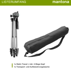 Mantona Travel I Stativ - 350 x 90 x 90 mm / max. Traglast 0,5 kg - aus Aluminium - mit Wasserwaage Mittelspinne - Reisestativ Travelstativ passend für Kameras