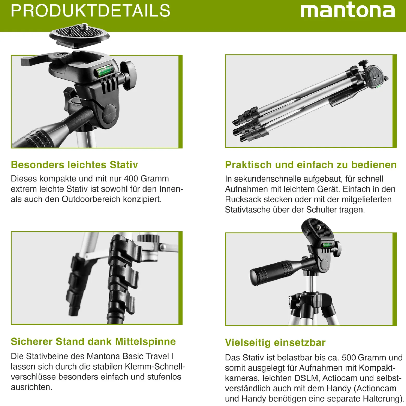 Mantona Travel I Stativ - 350 x 90 x 90 mm / max. Traglast 0,5 kg - aus Aluminium - mit Wasserwaage Mittelspinne - Reisestativ Travelstativ passend für Kameras