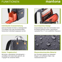 Mantona Urban Companion Fotorucksack und Tasche, Kamerarucksack Anthrazit mit Lederapplikationen, Fototasche mit Laptopfach für Laptops bis 12 Zoll